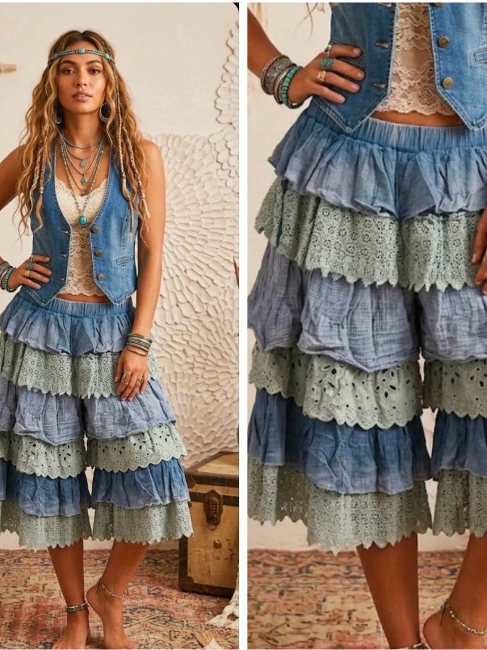 Oli & Hali Eyelet Lace Gauze Tiered Ruffle Crop Pants size Medium